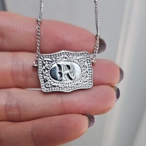 R Necklace BELT BUCKLE WESTERN 18K SILVER  PLATED Initial Pendant